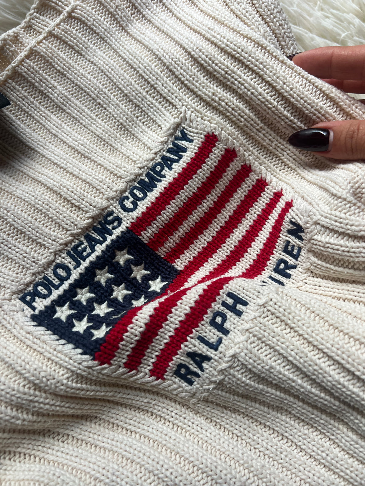 Maglione Vintage Polo Jeans Co. Ralph Lauren in Cotone – Motivo Bandiera USA