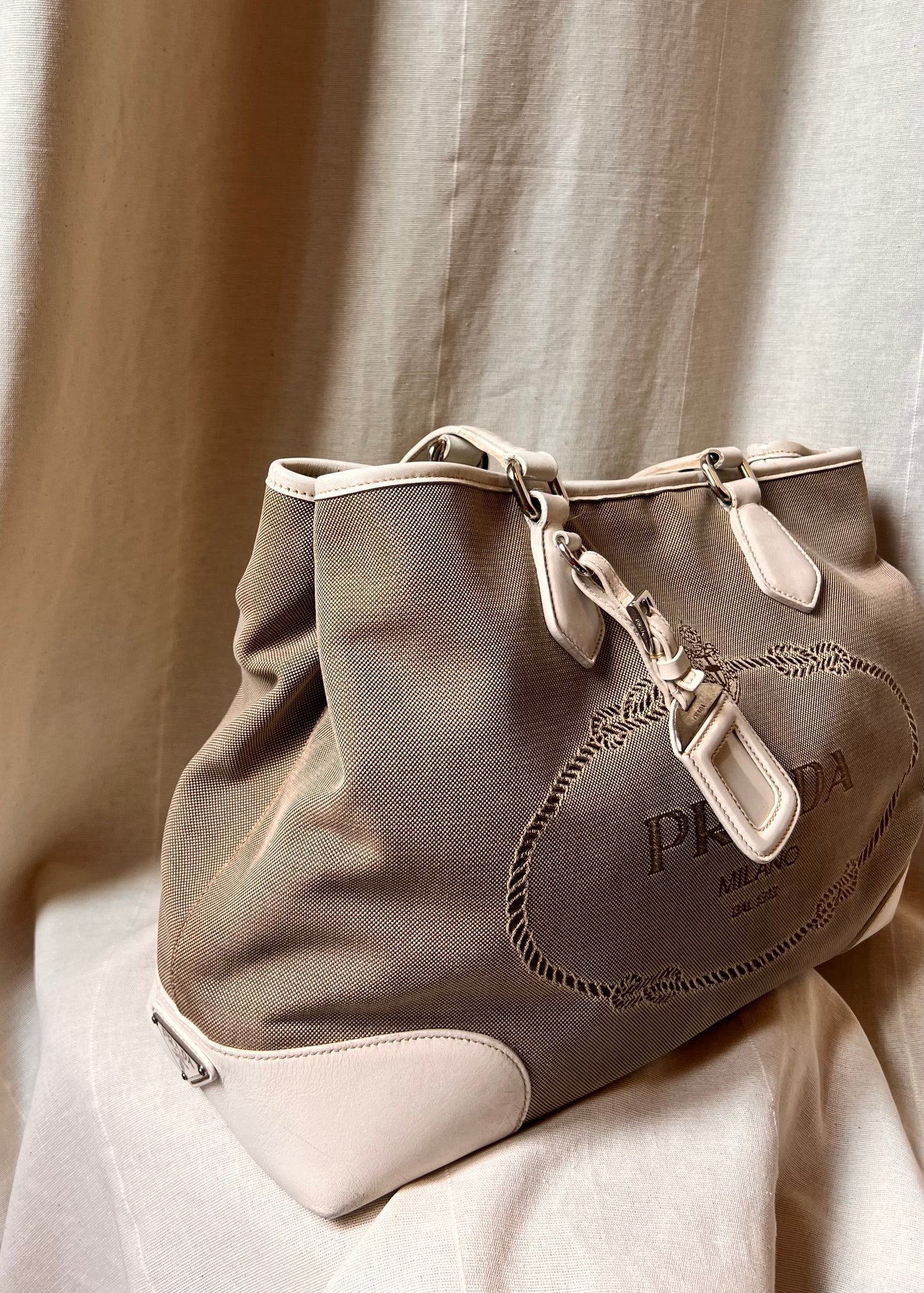 Prada Logo Jacquard Tote – Canvas & Leather