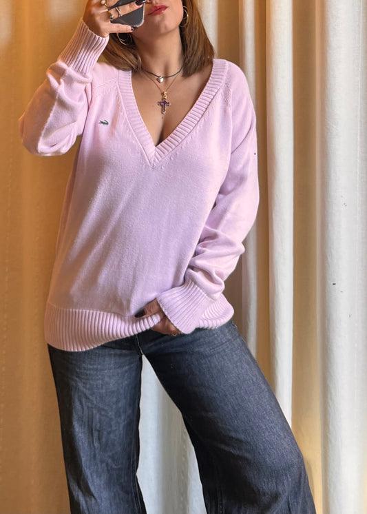 Maglione Lacoste in Cotone Rosa Chiaro con Scollo a V