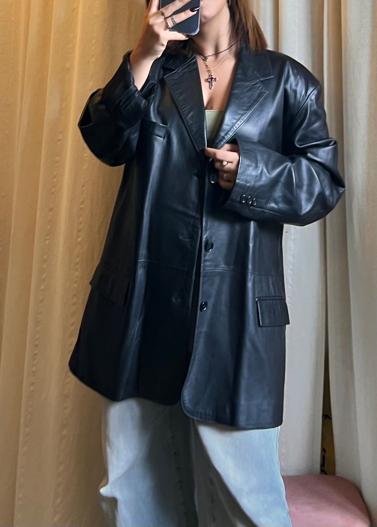 Blazer Vintage in Vera Pelle Nera – Taglio Oversize Style anni '90
