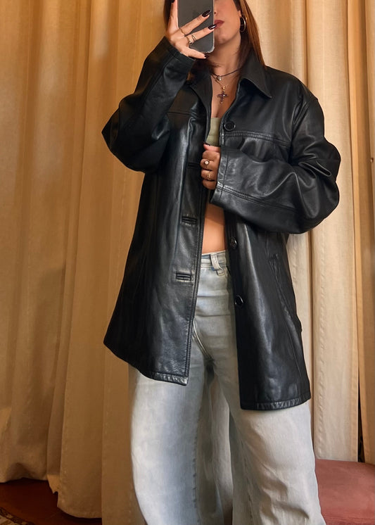 Giacca in Pelle Nera Vintage - Taglia L (Veste Oversize S/M)