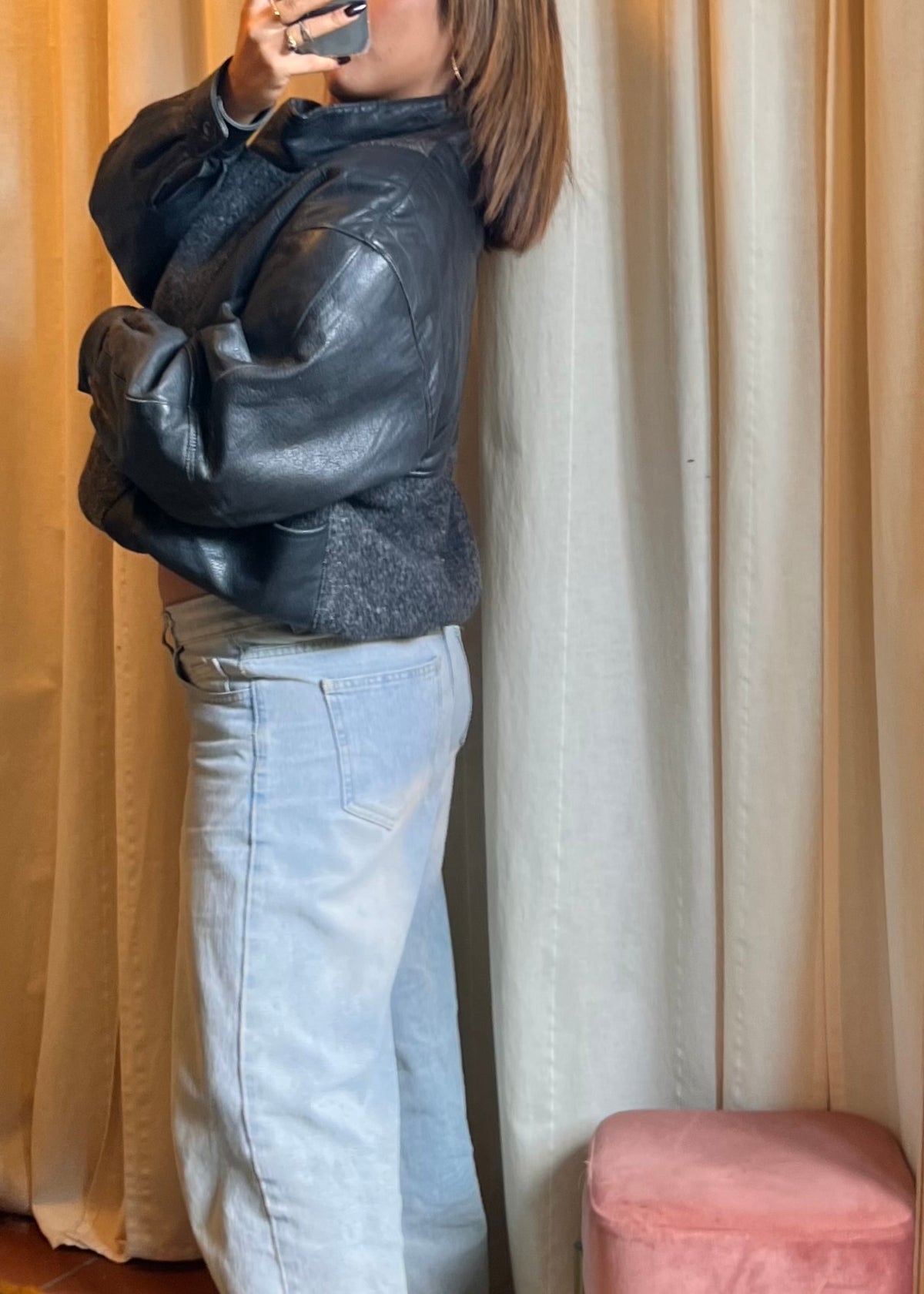 Bomber Vintage / Giacca Oversize in Pelle e Misto Lana