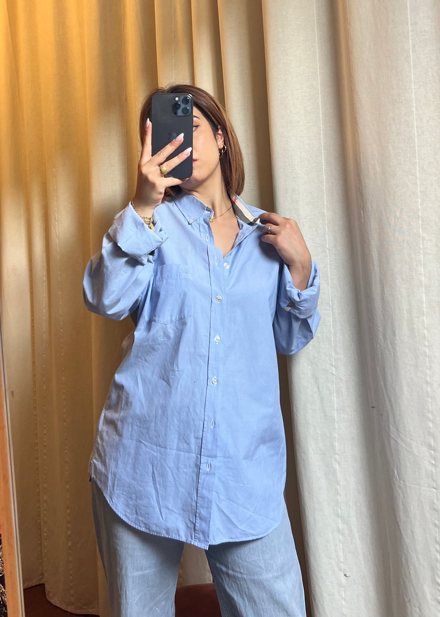Camicia Azzurra Burberry Brit con Dettagli Check