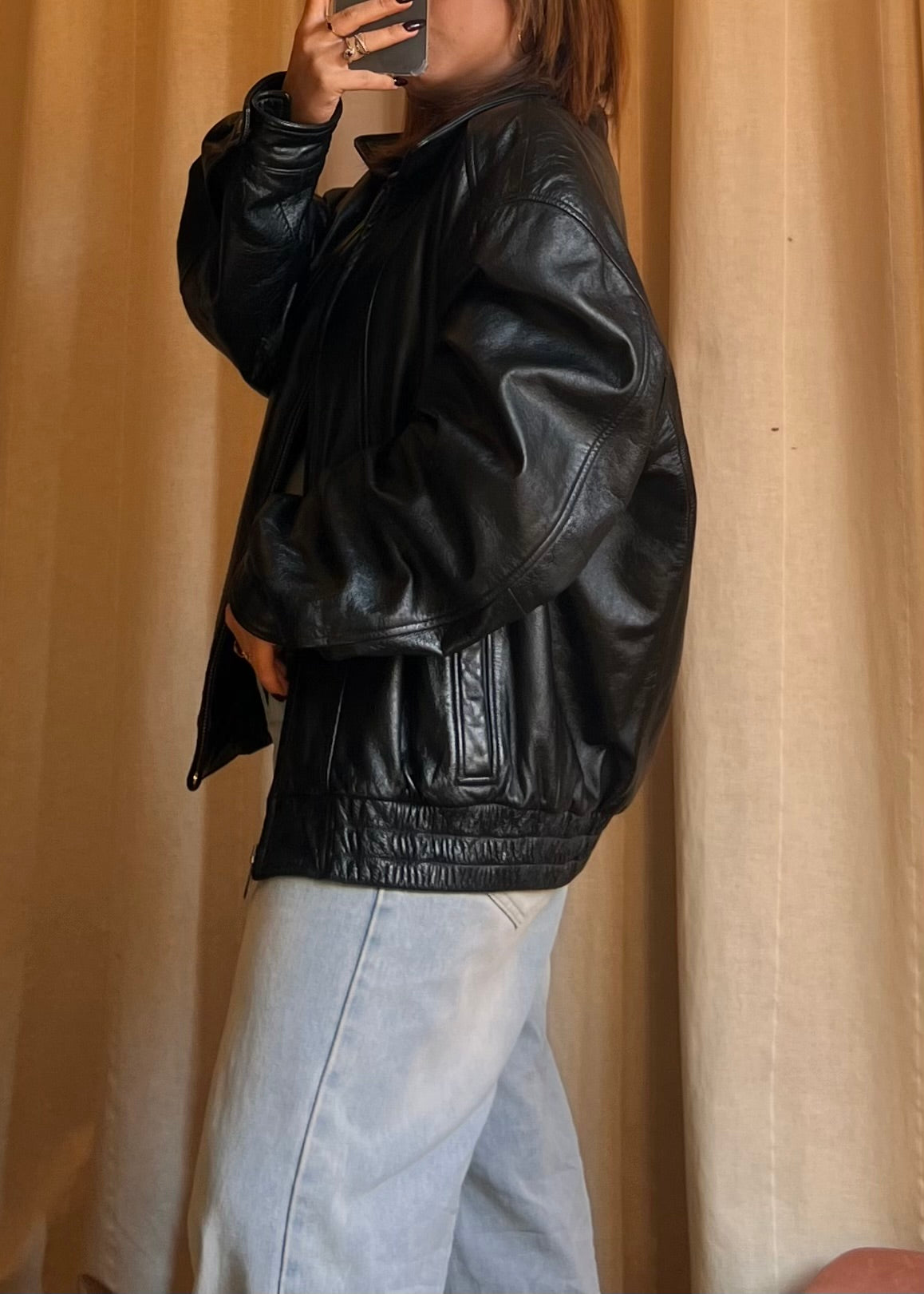 Giacca Bomber in Vera Pelle Nera London Fog - Stile Vintage Oversize