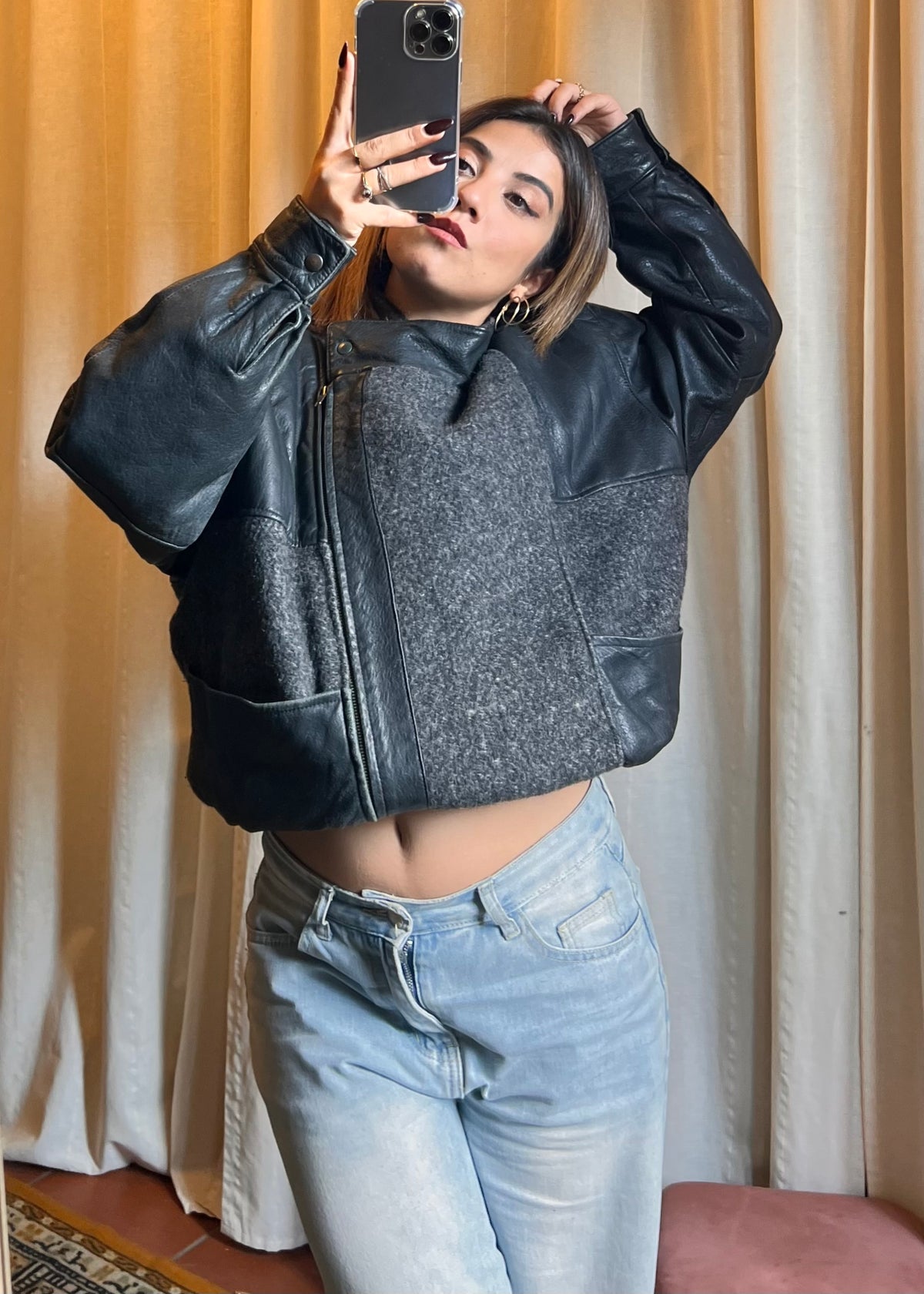 Bomber Vintage / Giacca Oversize in Pelle e Misto Lana