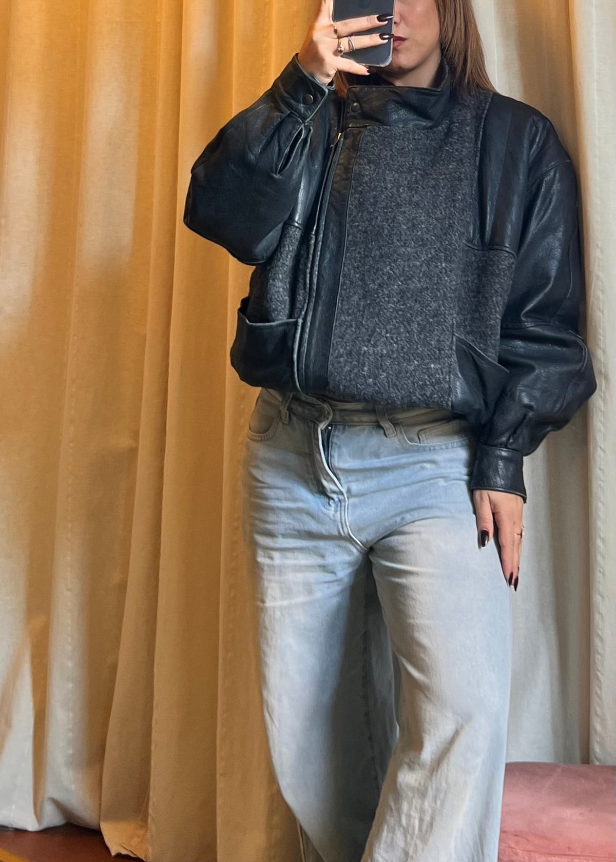 Bomber Vintage / Giacca Oversize in Pelle e Misto Lana