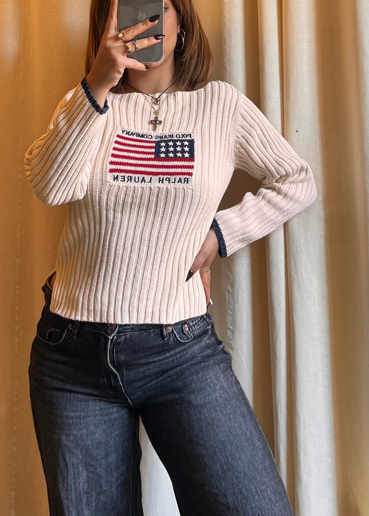 Maglione Vintage Polo Jeans Co. Ralph Lauren in Cotone – Motivo Bandiera USA