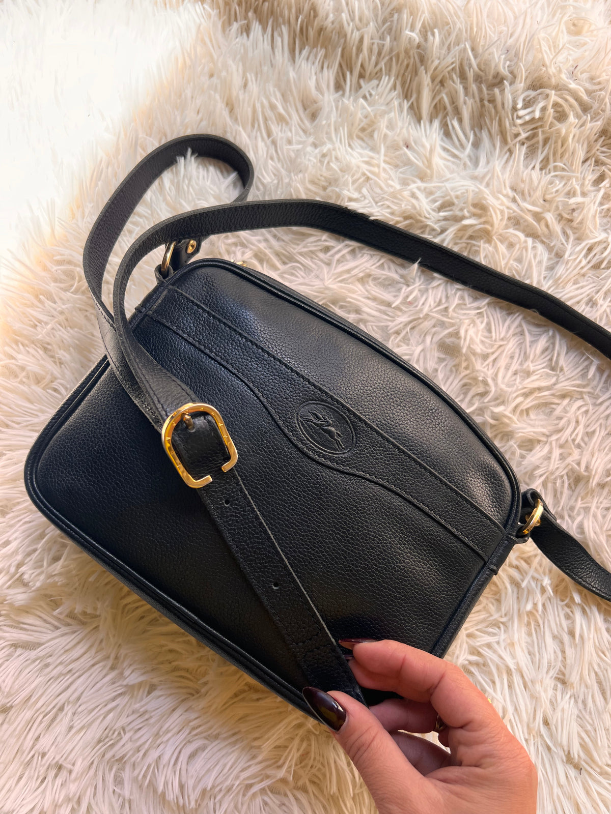 Borsa a Tracolla Vintage Longchamp in Pelle Granata – Nera