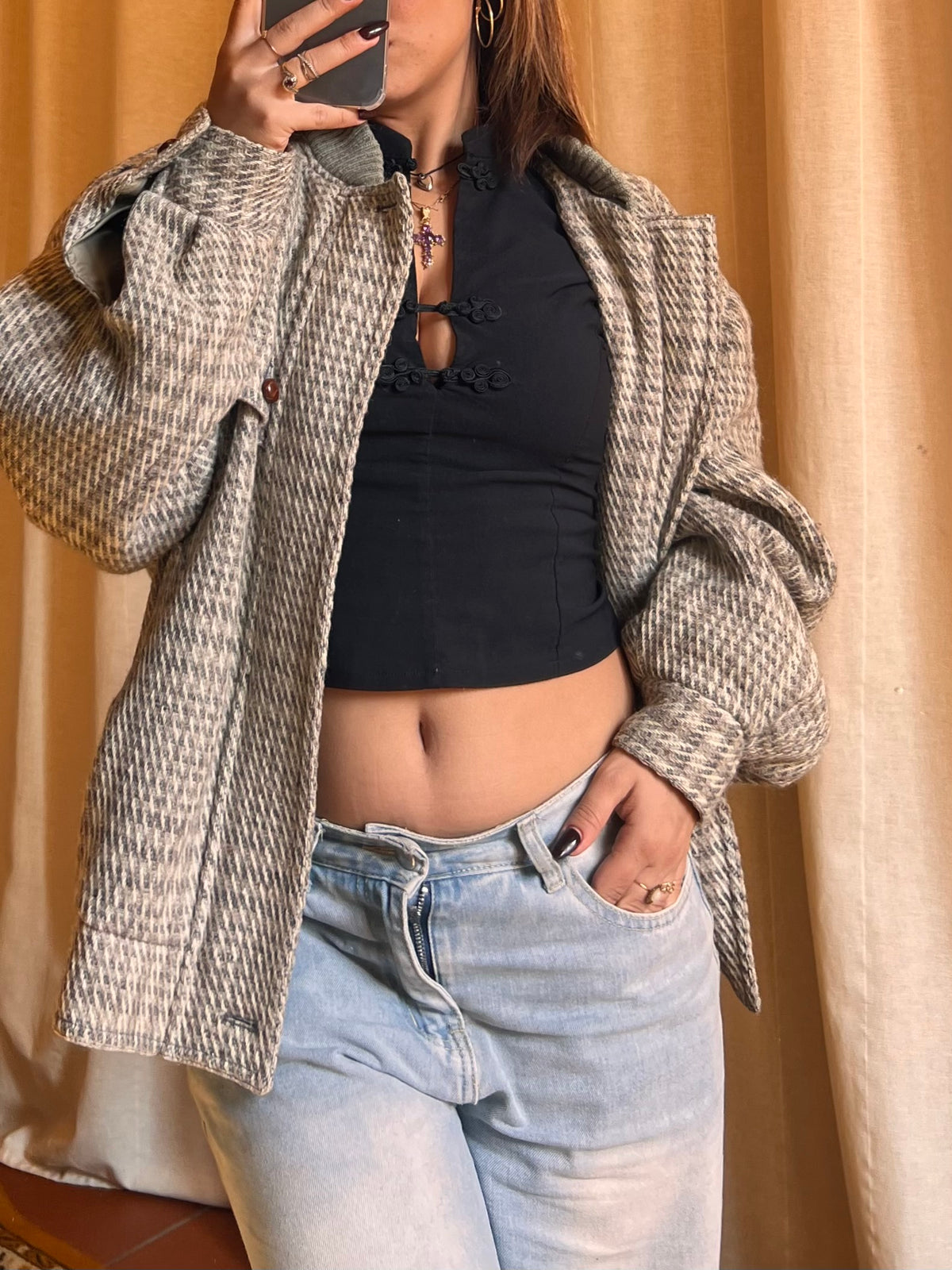 Bomber Valentino in 100% Lana – Pattern Spinato Beige/Grigio