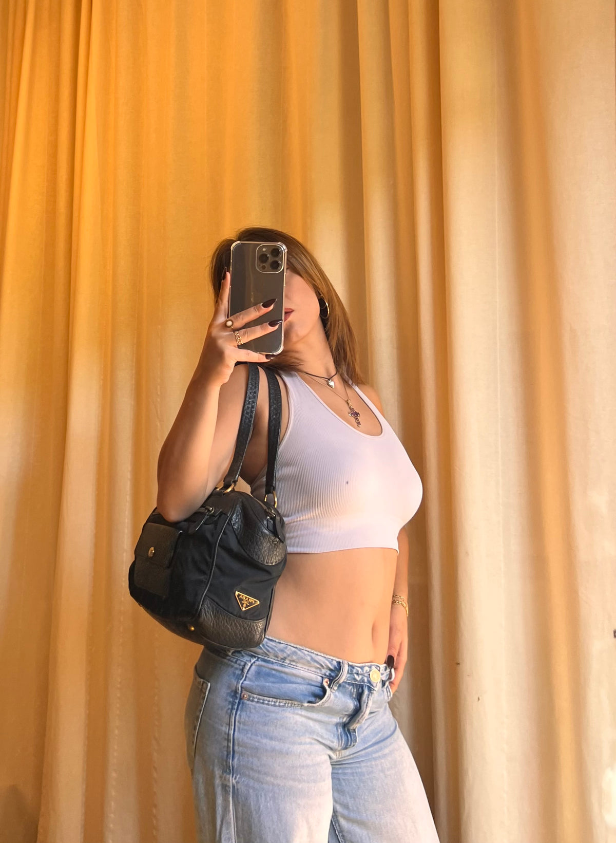 Borsa  Prada in Nylon e Pelle Martellata Nera con Dettagli Oro