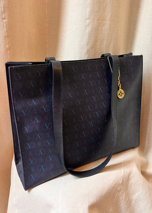 Borsa Tote Valentino Garavani Vintage - Blu Navy con Monogramma V e Charm Logo