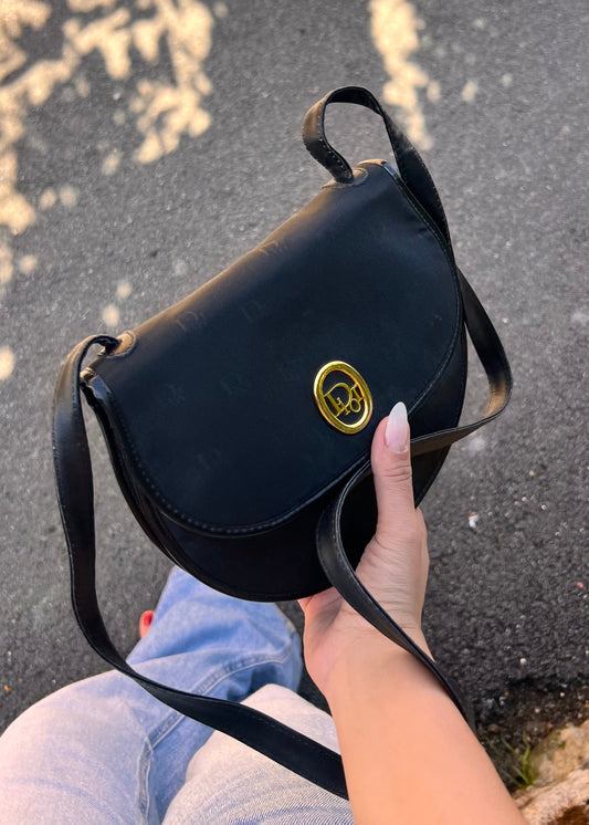 Borsa a spalla Christian Dior Vintage - Tela Monogram "Dior" Nera e Dettagli Oro