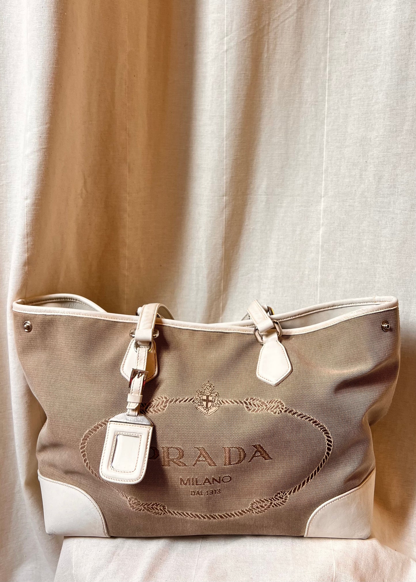 Prada Logo Jacquard Tote – Canvas & Leather