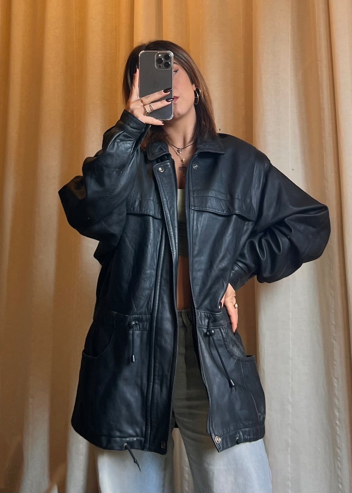 Giacca inPelle Nera Vintage Oversize -