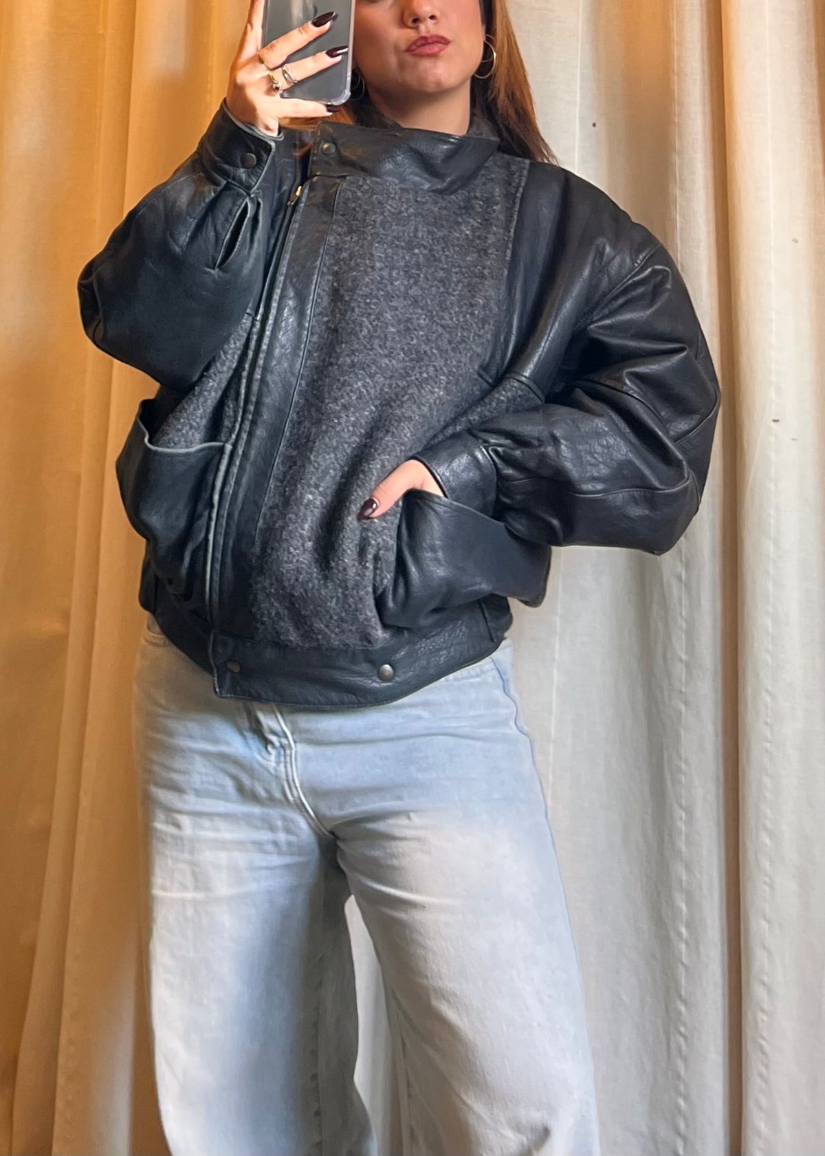 Bomber Vintage / Giacca Oversize in Pelle e Misto Lana