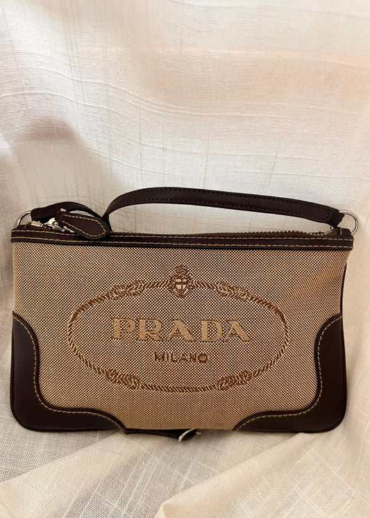 Baguette Prada Logo Jacquard in Tela e Pelle - Marrone/Beige