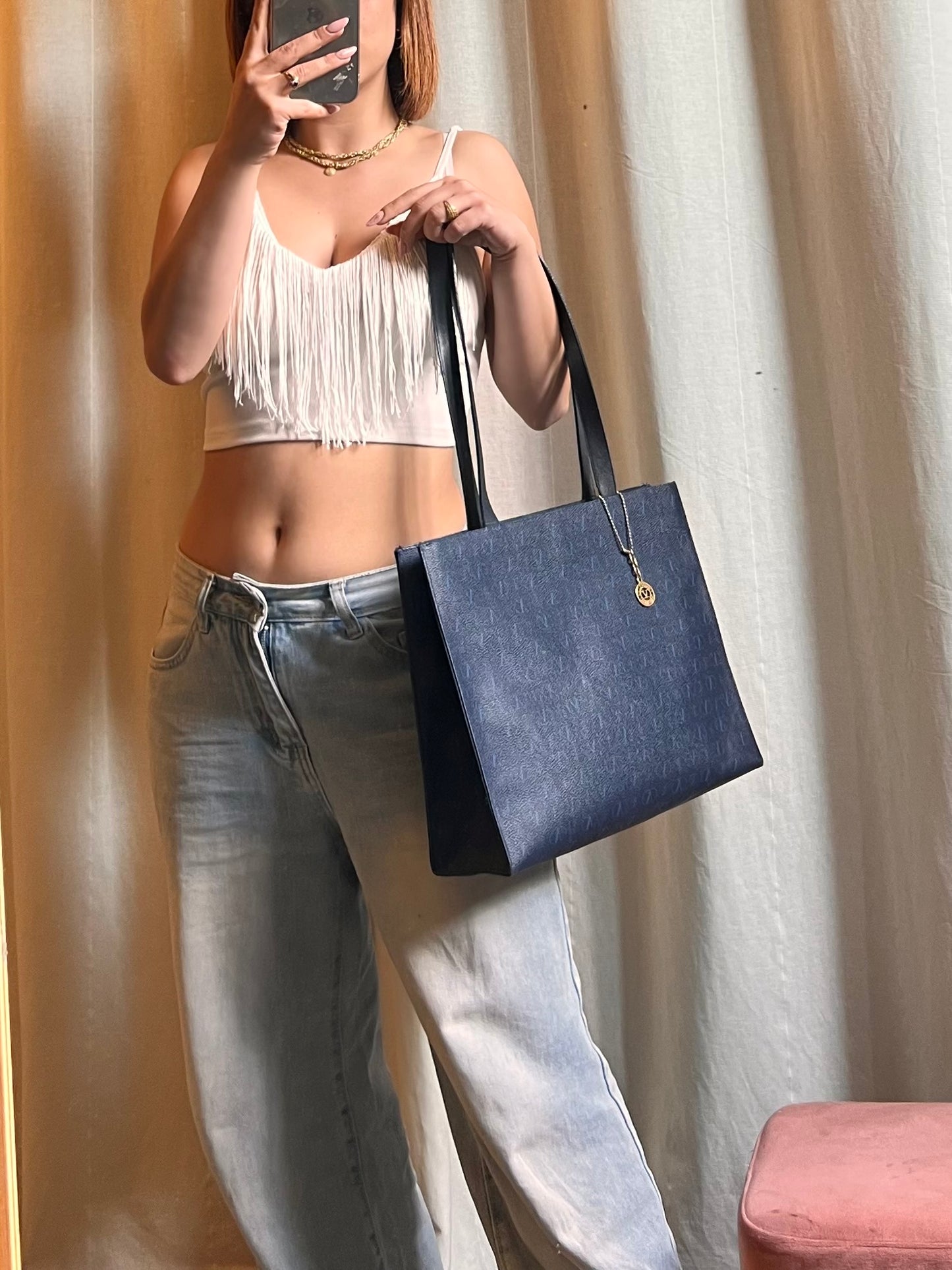 Borsa Tote Valentino Garavani Vintage - Blu Navy con Monogramma V e Charm Logo