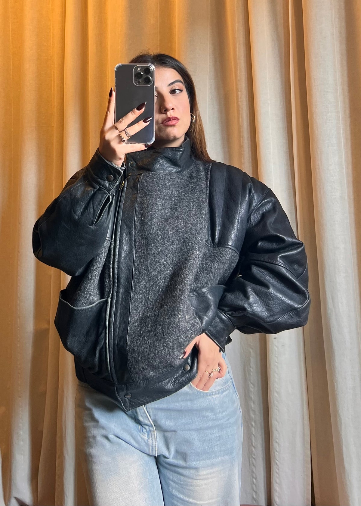 Bomber Vintage / Giacca Oversize in Pelle e Misto Lana