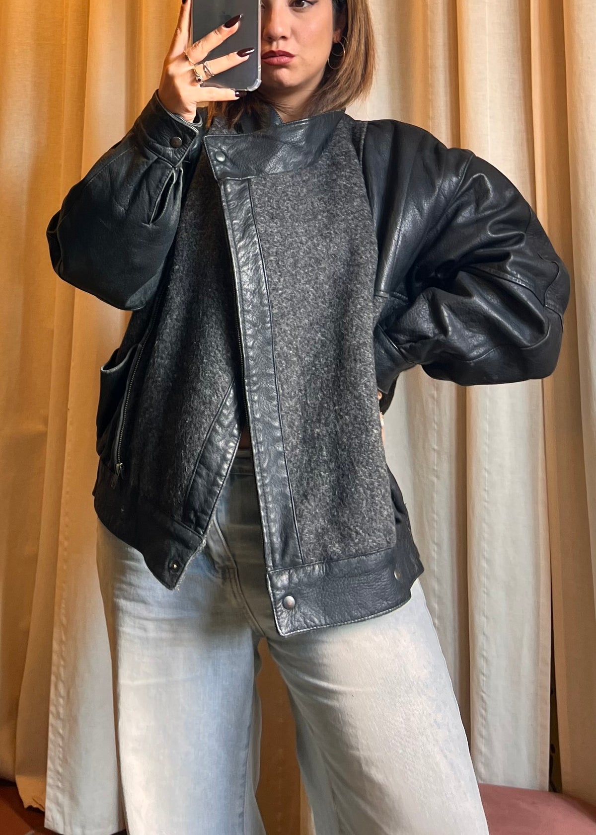 Bomber Vintage / Giacca Oversize in Pelle e Misto Lana