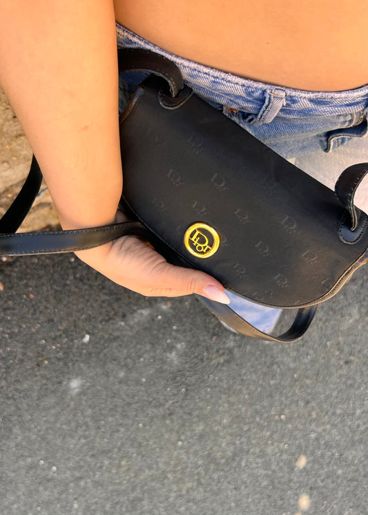 Borsa a spalla Christian Dior Vintage - Tela Monogram "Dior" Nera e Dettagli Oro