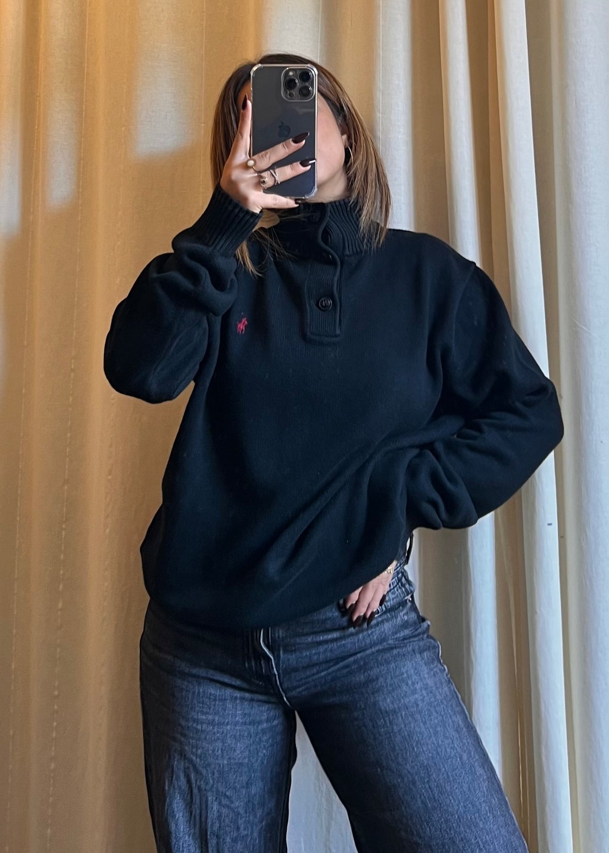 Maglione Polo Ralph Lauren con Collo Alto a Bottoni – Nero