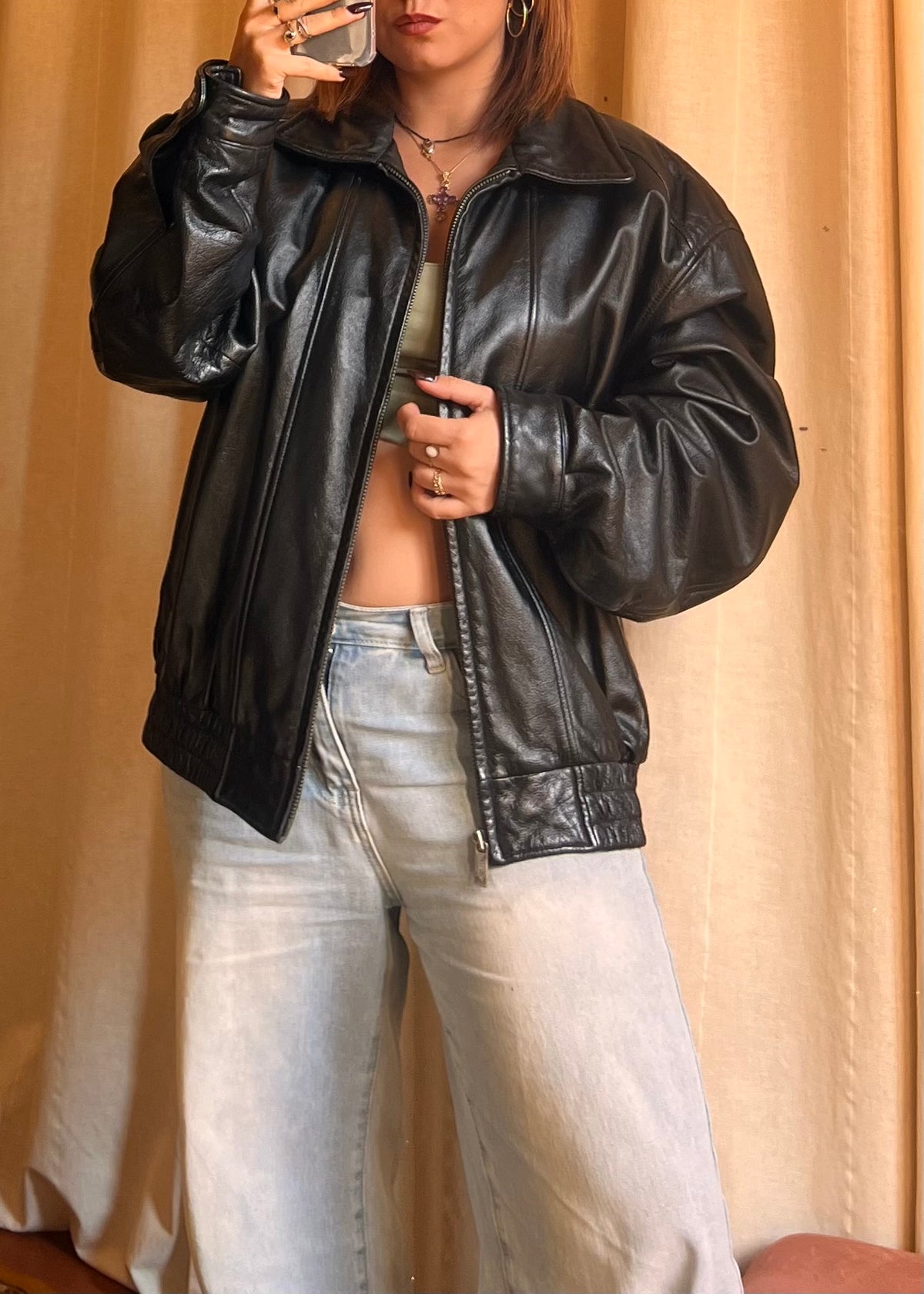 Giacca Bomber in Vera Pelle Nera London Fog - Stile Vintage Oversize