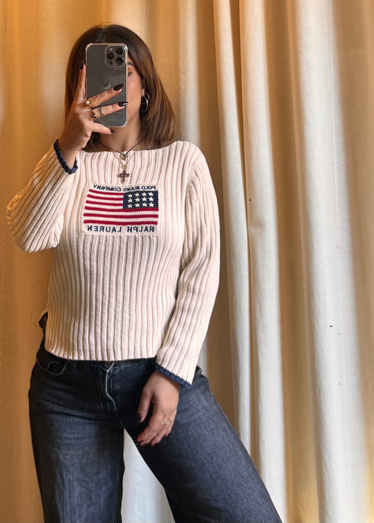 Maglione Vintage Polo Jeans Co. Ralph Lauren in Cotone – Motivo Bandiera USA