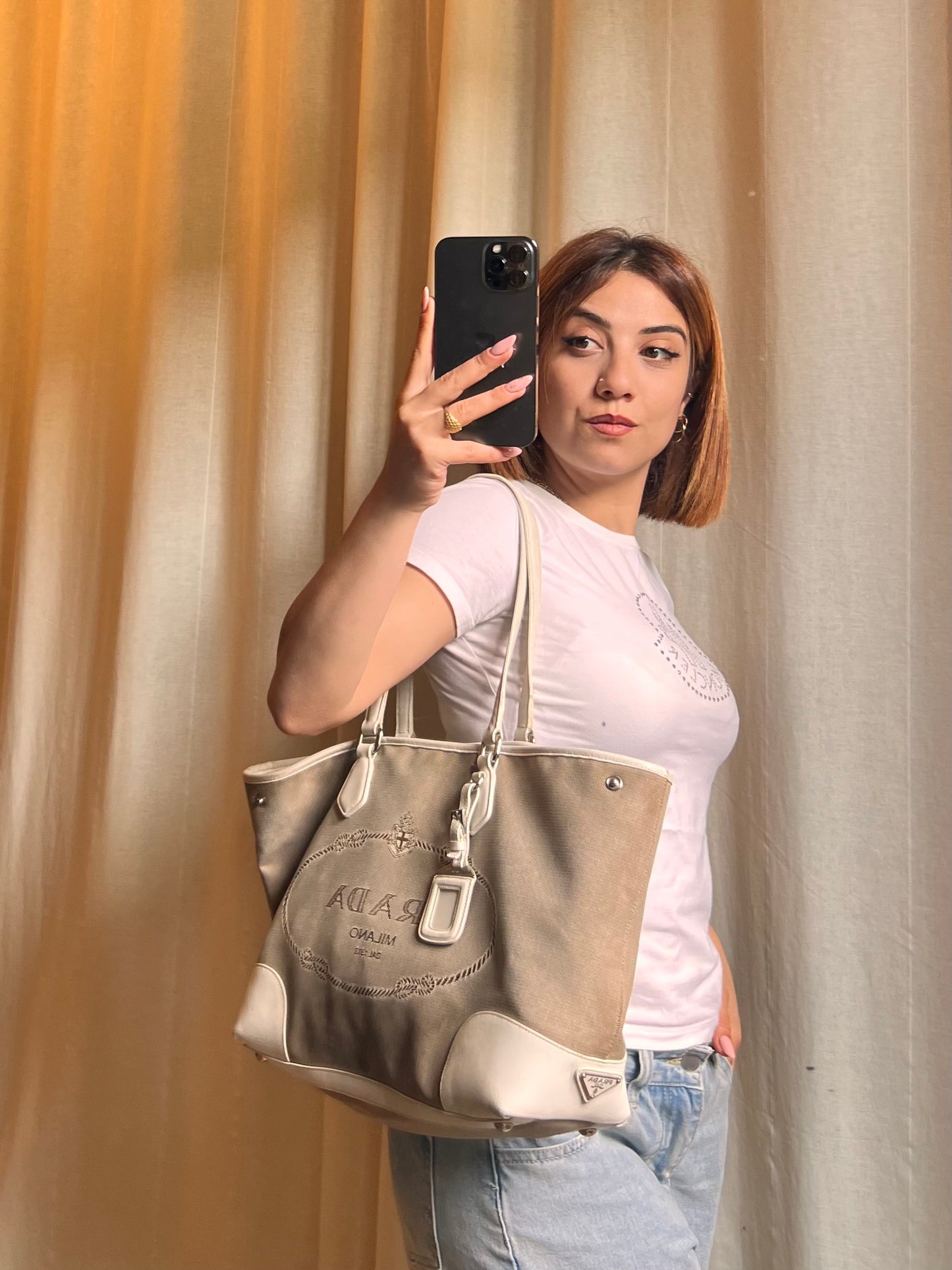 Prada Logo Jacquard Tote – Canvas & Leather