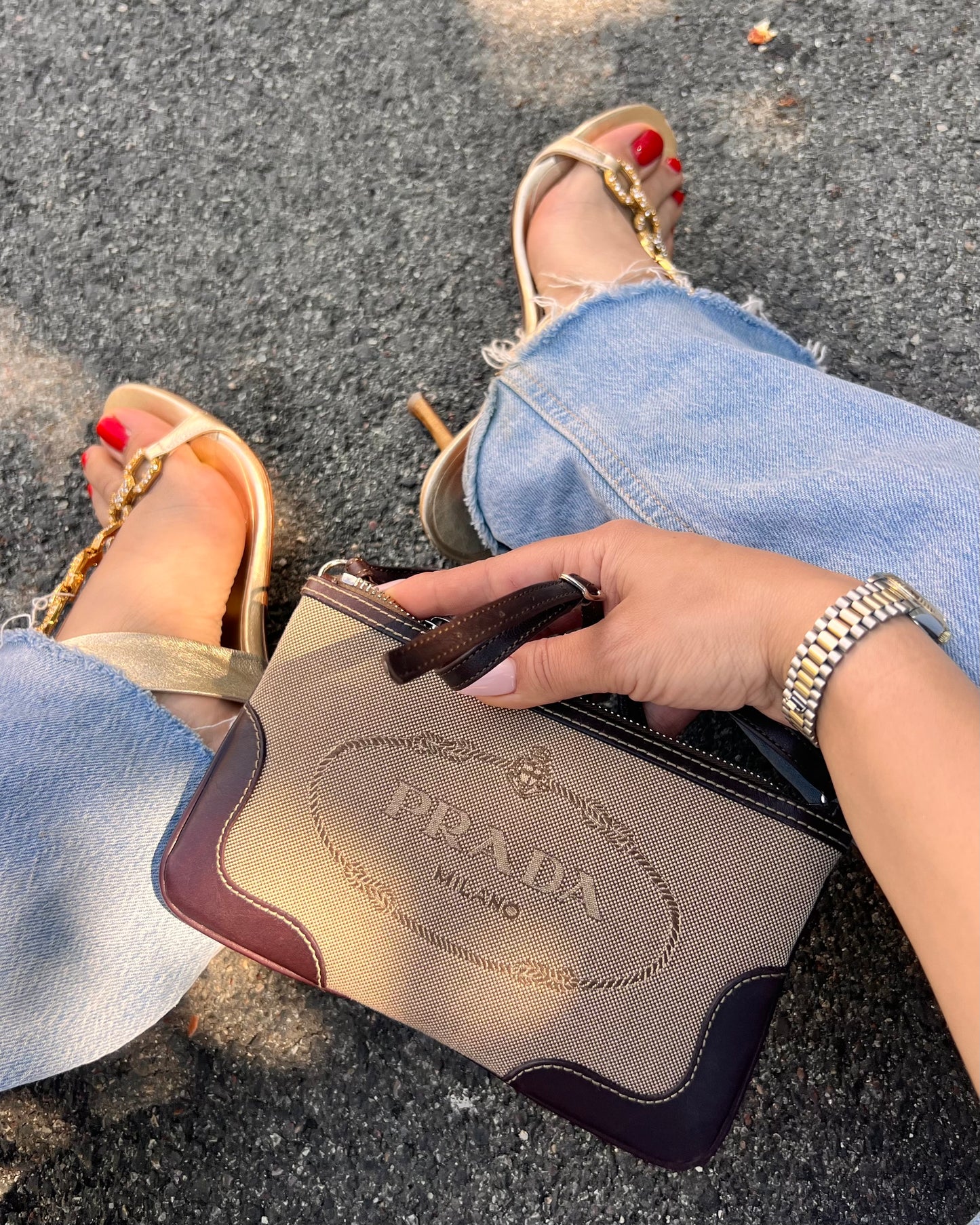 Baguette Prada Logo Jacquard in Tela e Pelle - Marrone/Beige