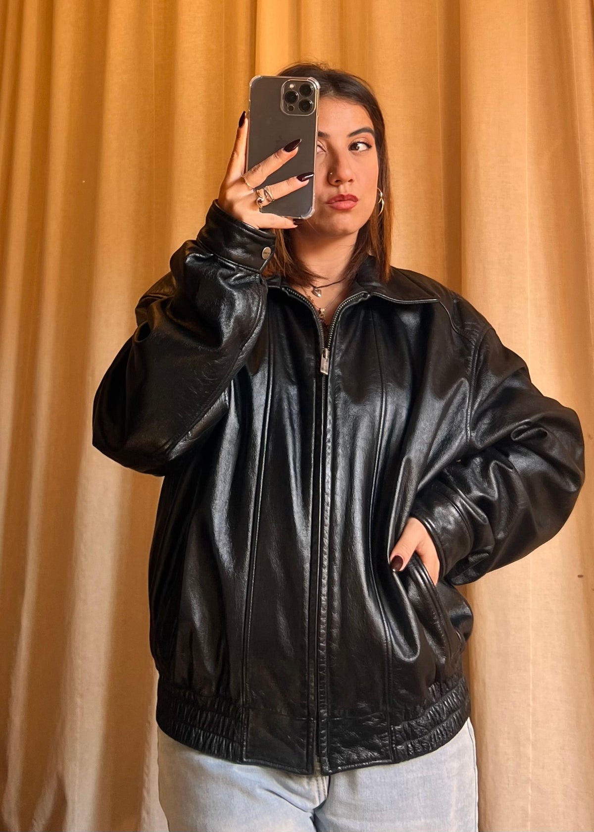 Giacca Bomber in Vera Pelle Nera London Fog - Stile Vintage Oversize