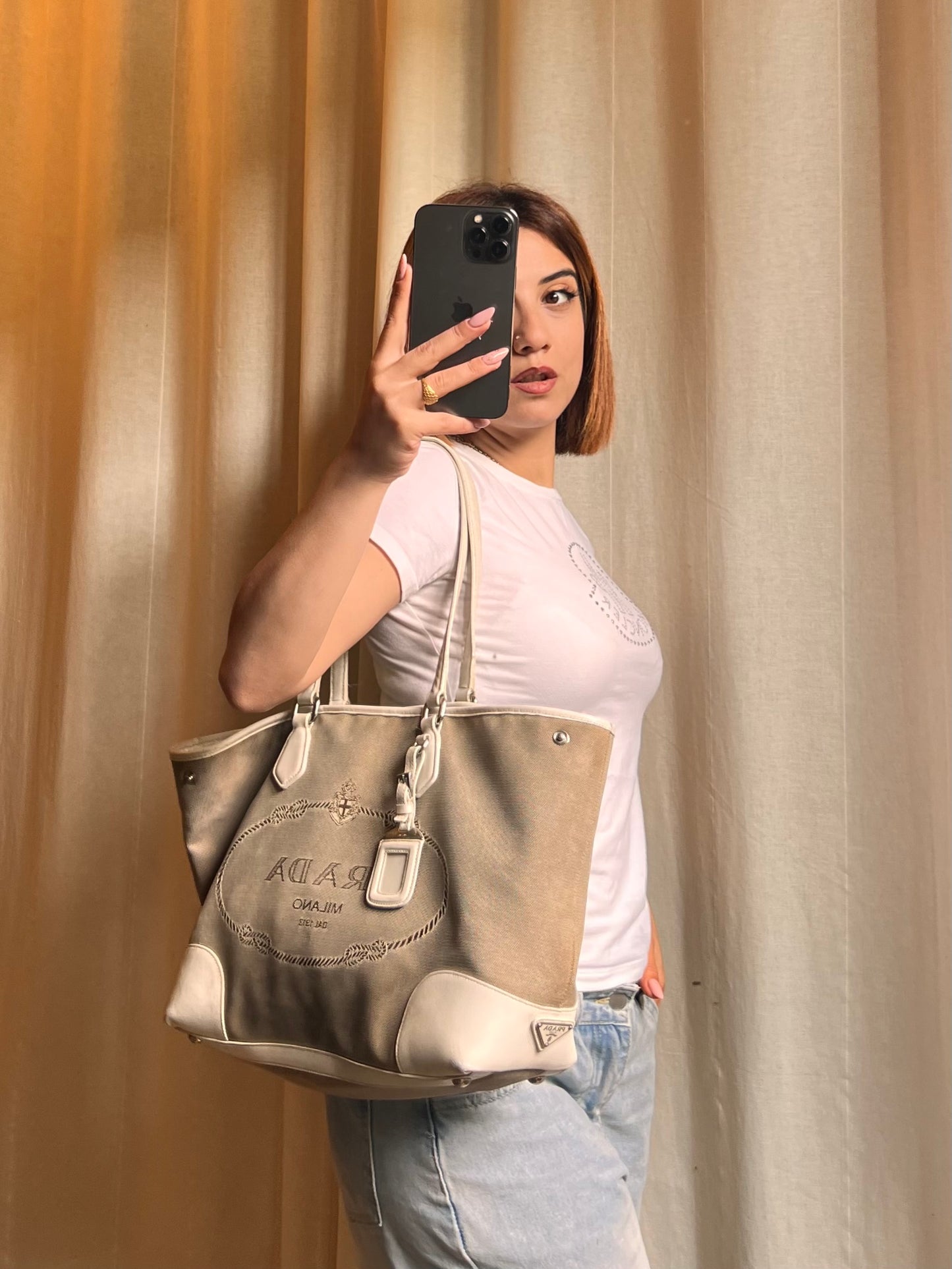 Prada Logo Jacquard Tote – Canvas & Leather