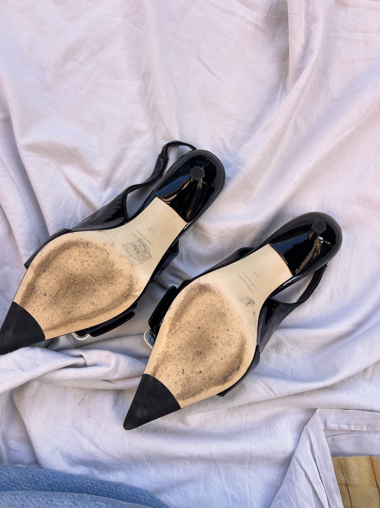 Slingback Giampaolo Viozzi in Vernice Nera con Fibbia Contratto (Tessuto/Resina Bianca) – Taglia 38