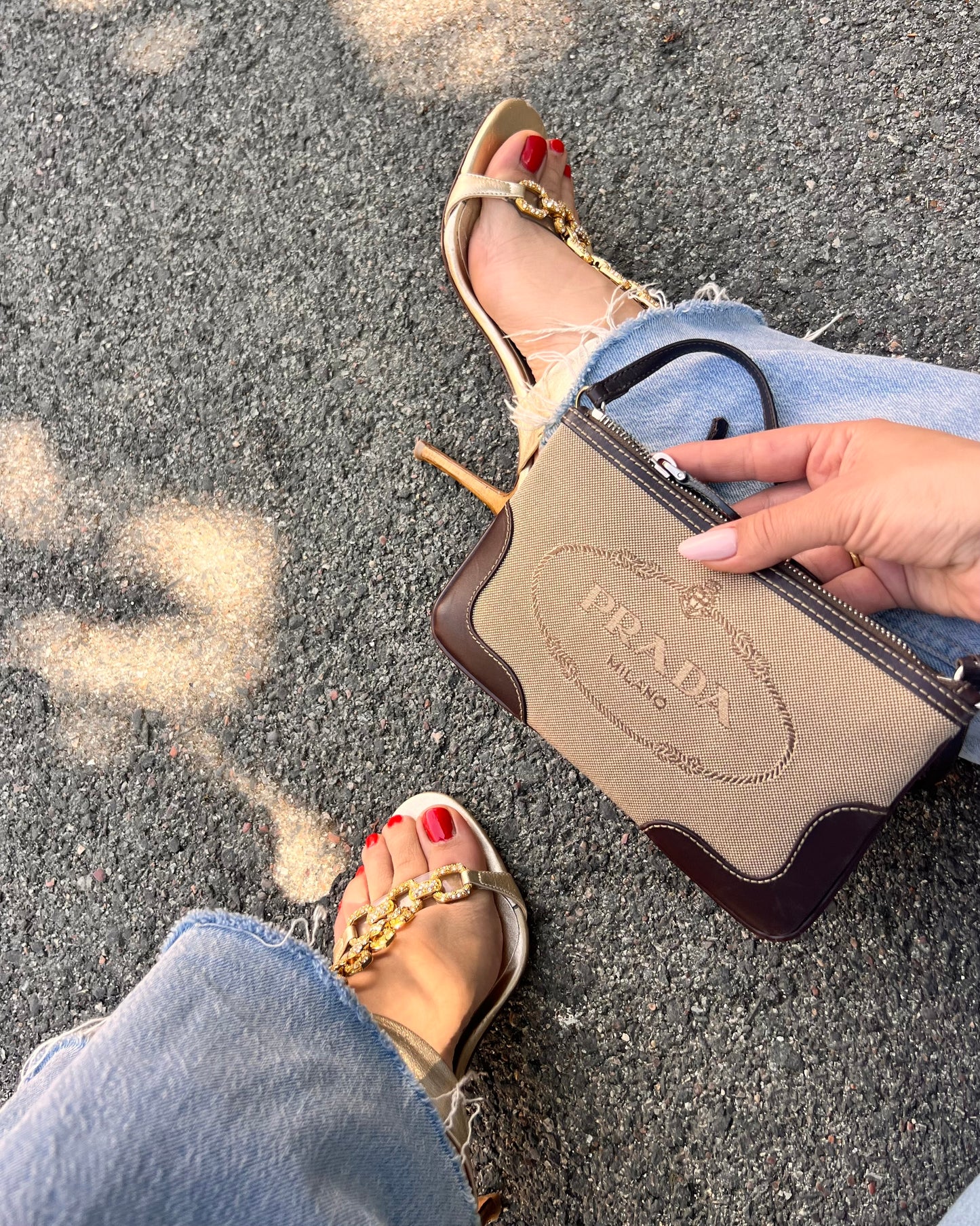 Baguette Prada Logo Jacquard in Tela e Pelle - Marrone/Beige