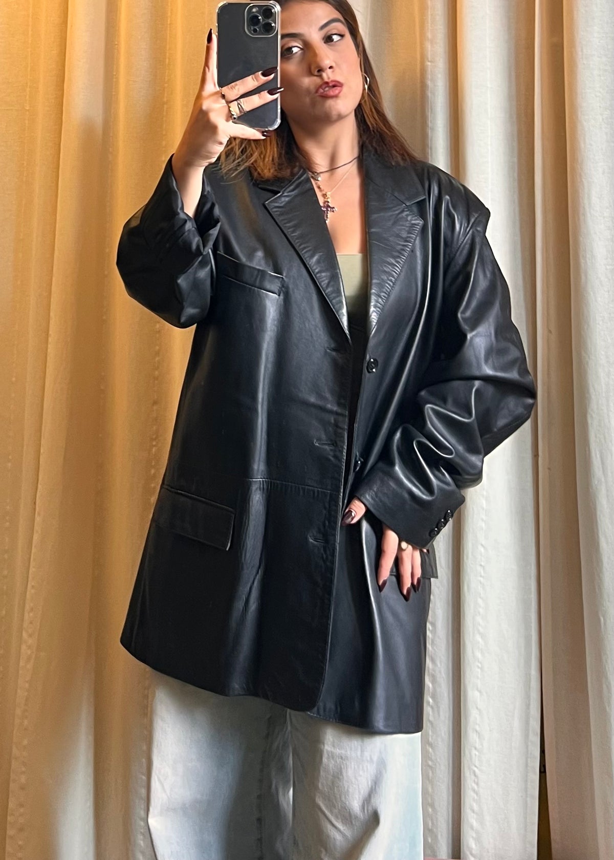 Blazer Vintage in Vera Pelle Nera – Taglio Oversize Style anni '90