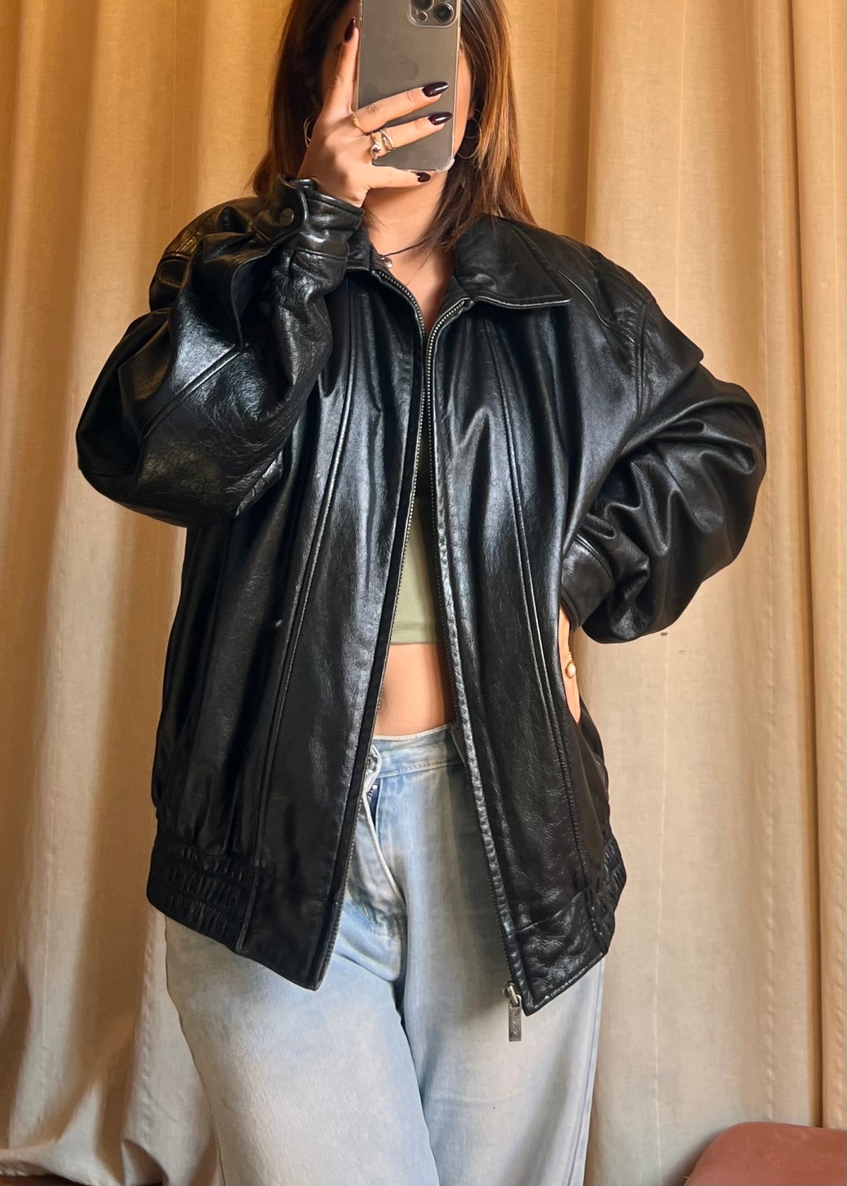 Giacca Bomber in Vera Pelle Nera London Fog - Stile Vintage Oversize