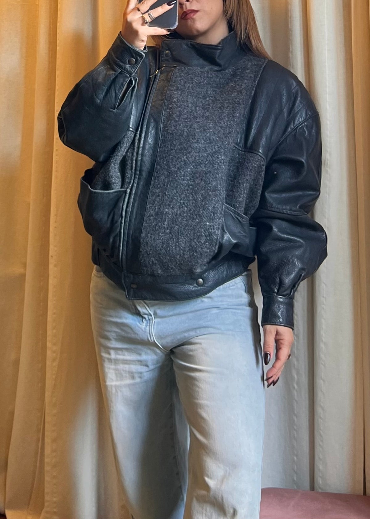 Bomber Vintage / Giacca Oversize in Pelle e Misto Lana