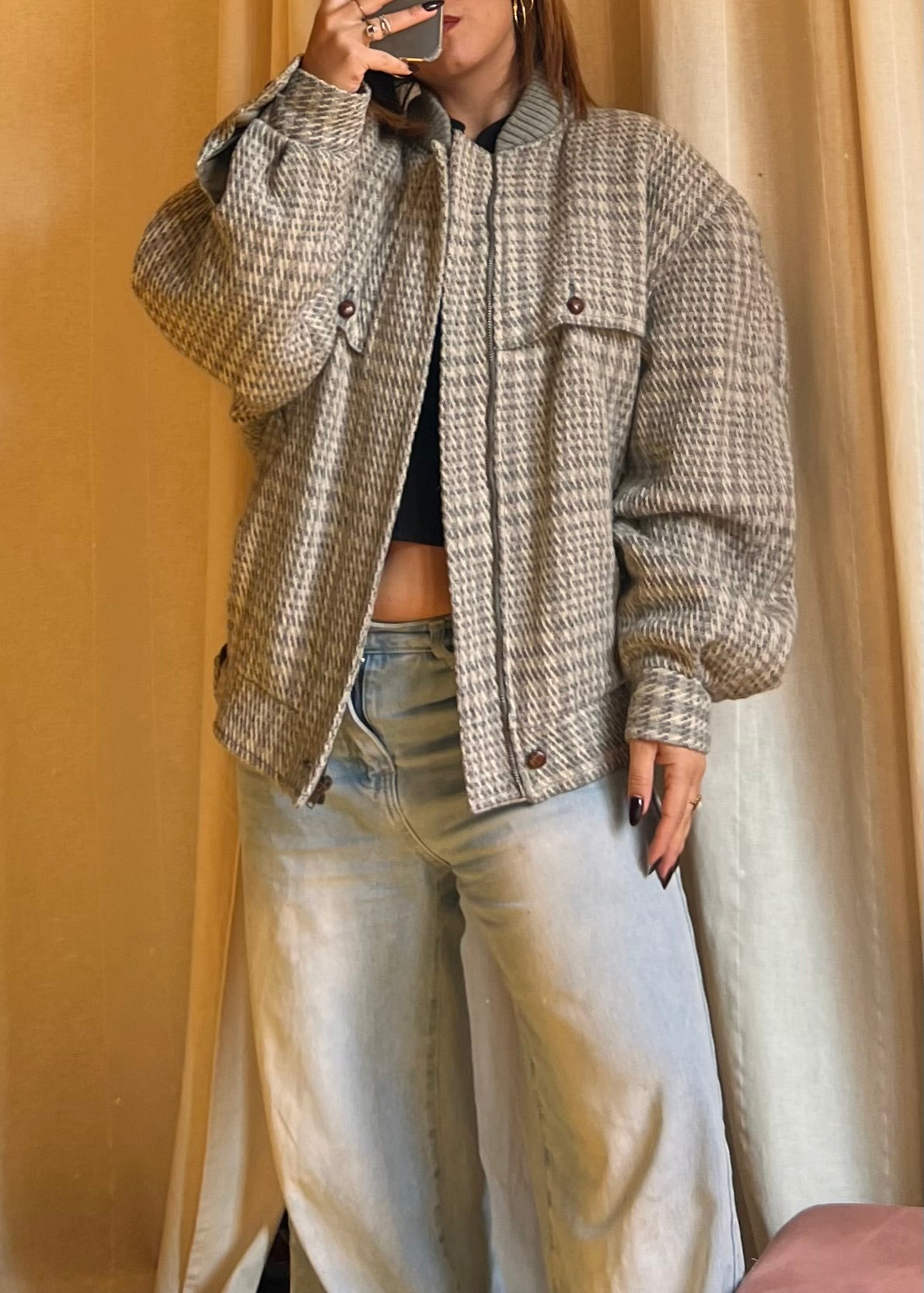 Bomber Valentino in 100% Lana – Pattern Spinato Beige/Grigio