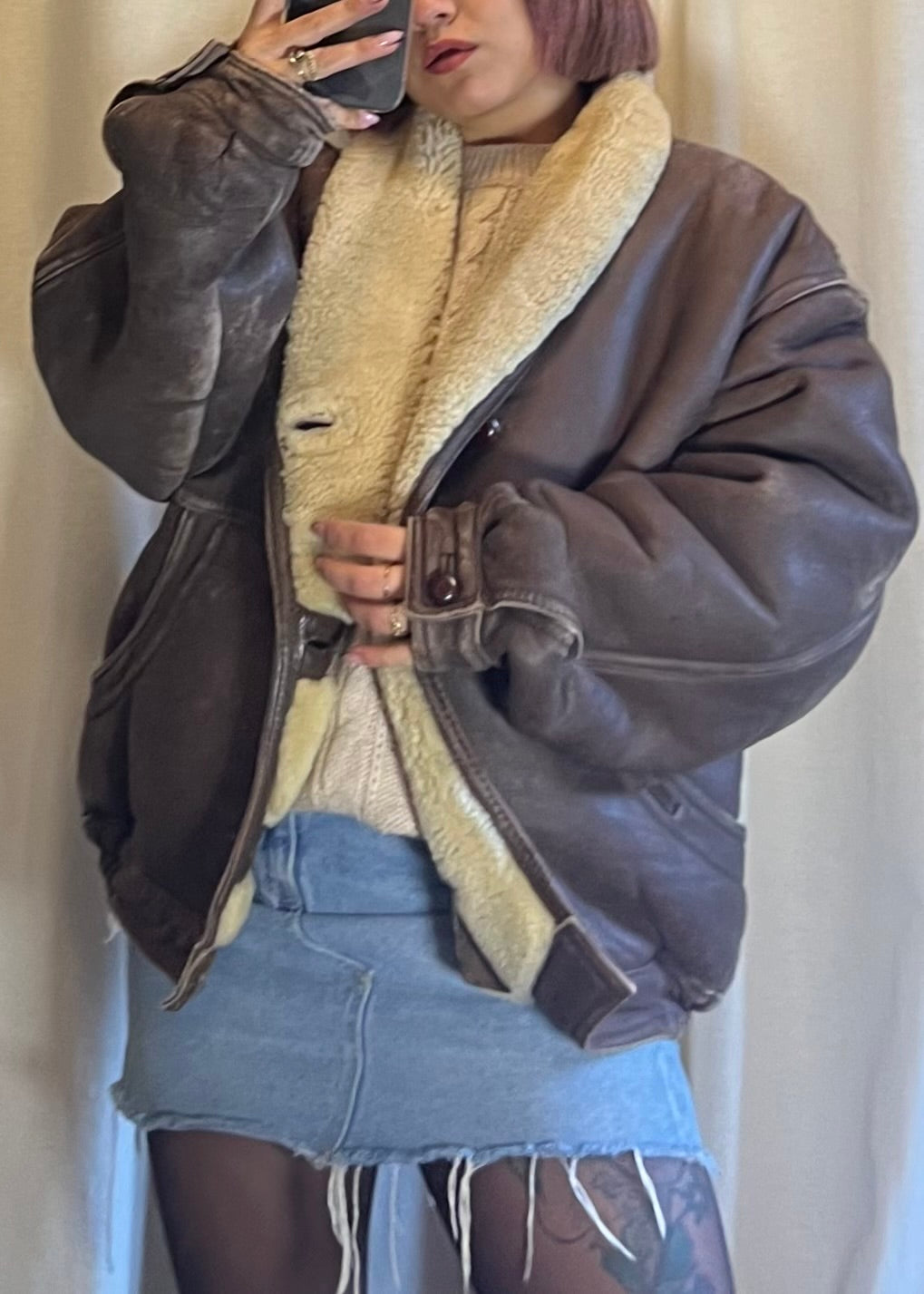 Shearling vintage in pelle invecchiata