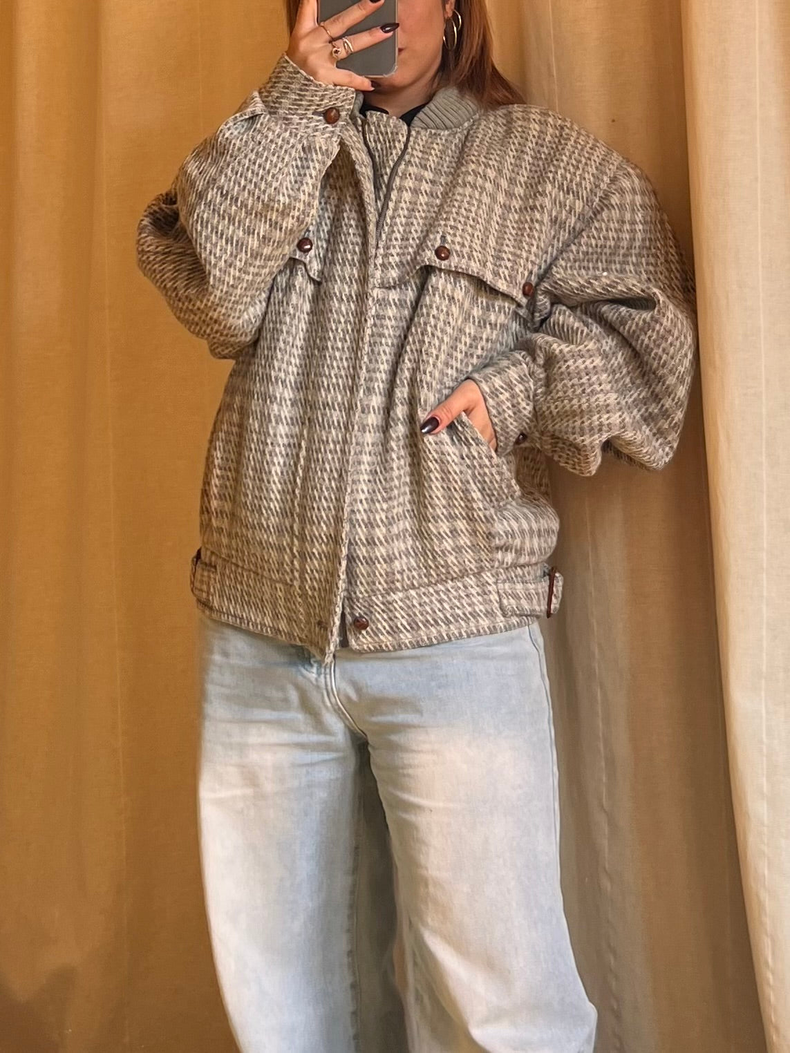 Bomber Valentino in 100% Lana – Pattern Spinato Beige/Grigio