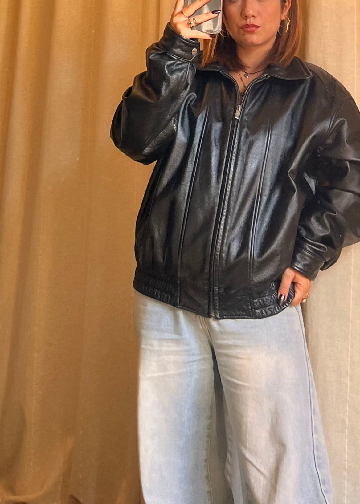 Giacca Bomber in Vera Pelle Nera London Fog - Stile Vintage Oversize