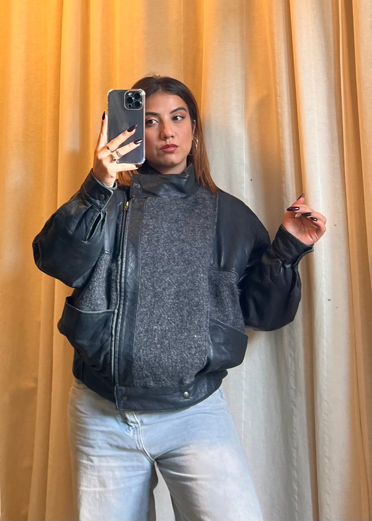 Bomber Vintage / Giacca Oversize in Pelle e Misto Lana