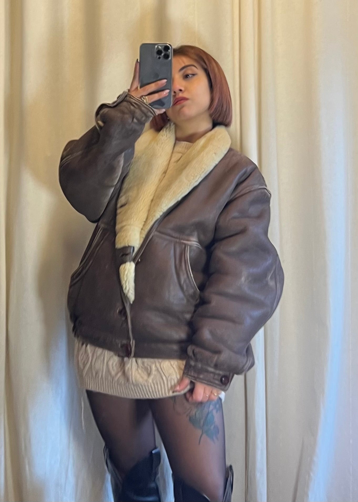 Shearling vintage in pelle invecchiata