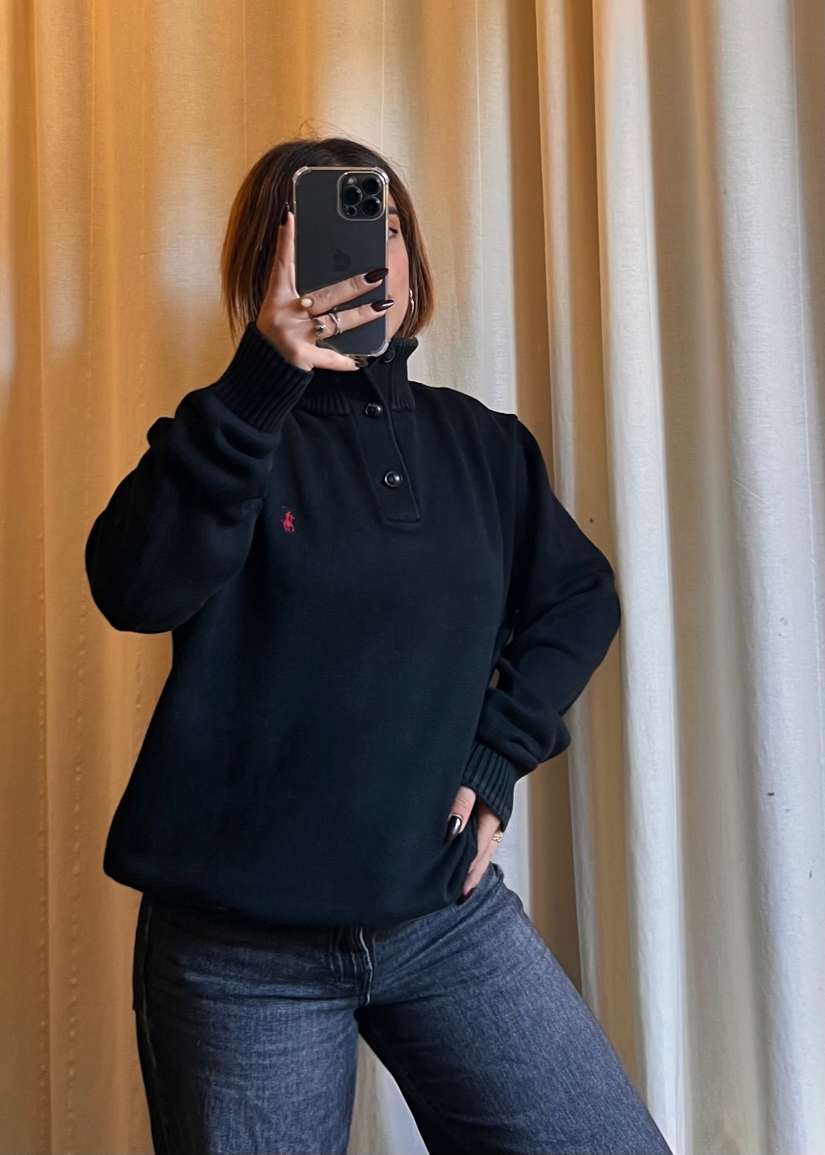 Maglione Polo Ralph Lauren con Collo Alto a Bottoni – Nero