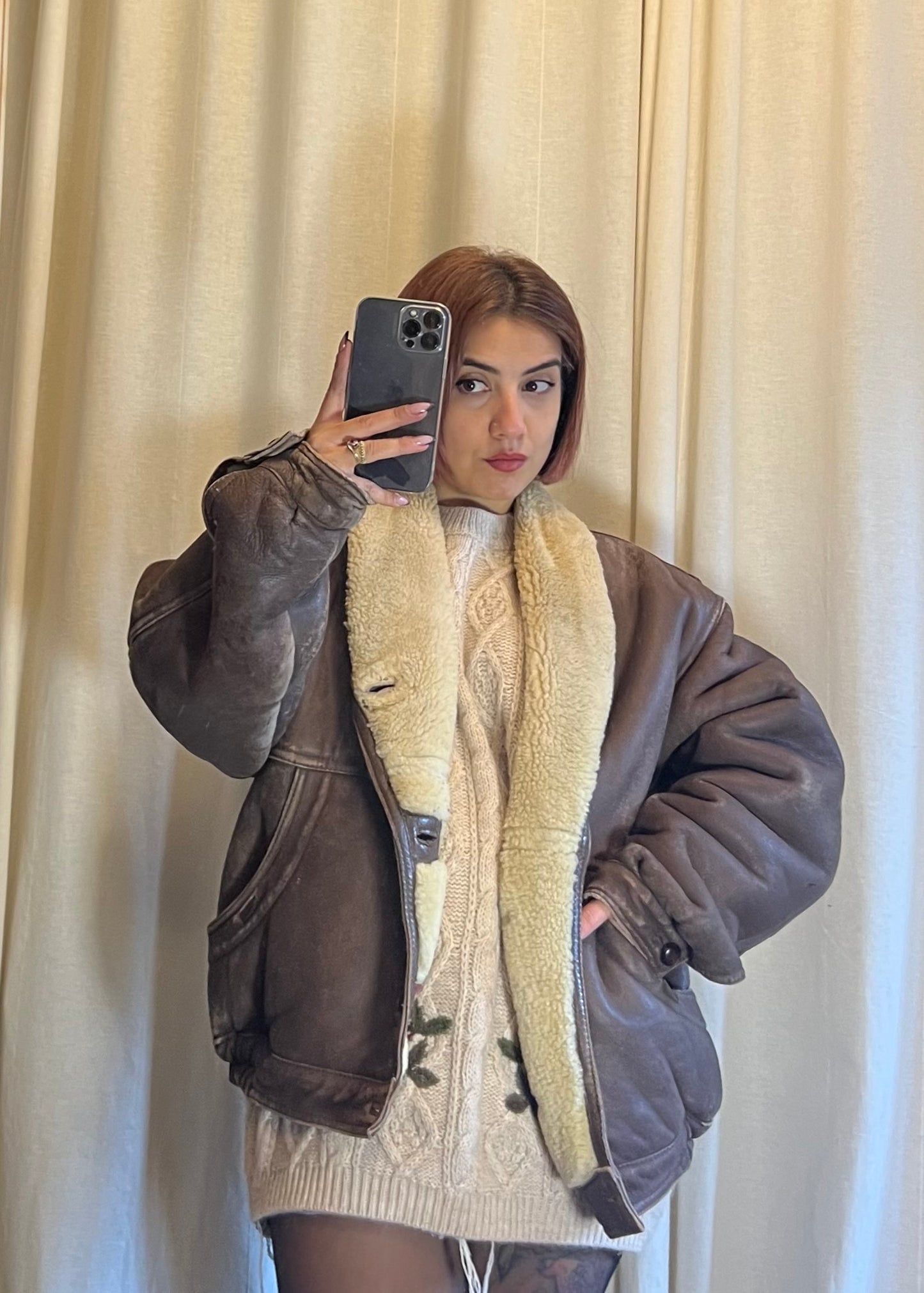 Shearling vintage in pelle invecchiata