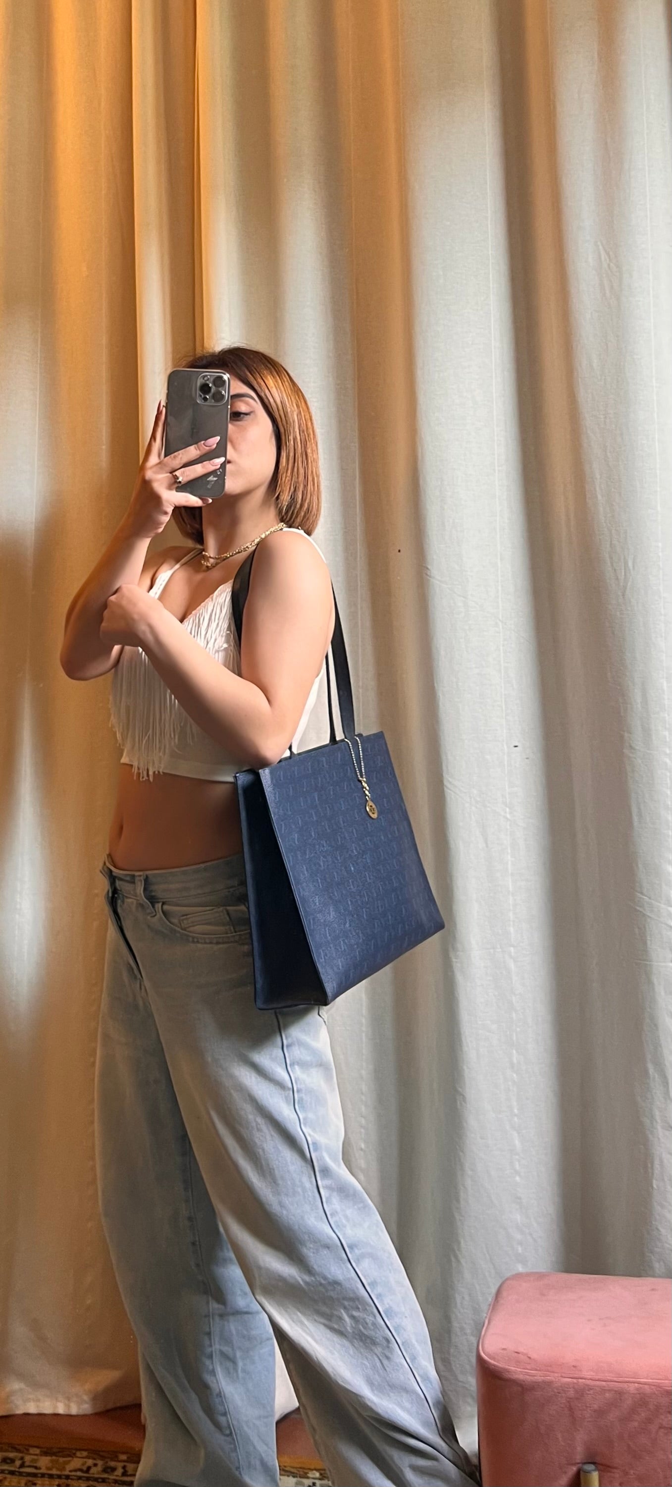 Borsa Tote Valentino Garavani Vintage - Blu Navy con Monogramma V e Charm Logo
