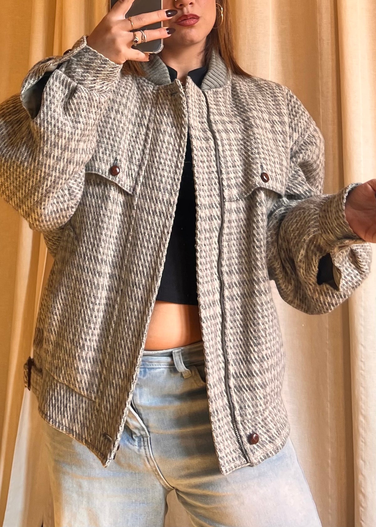 Bomber Valentino in 100% Lana – Pattern Spinato Beige/Grigio